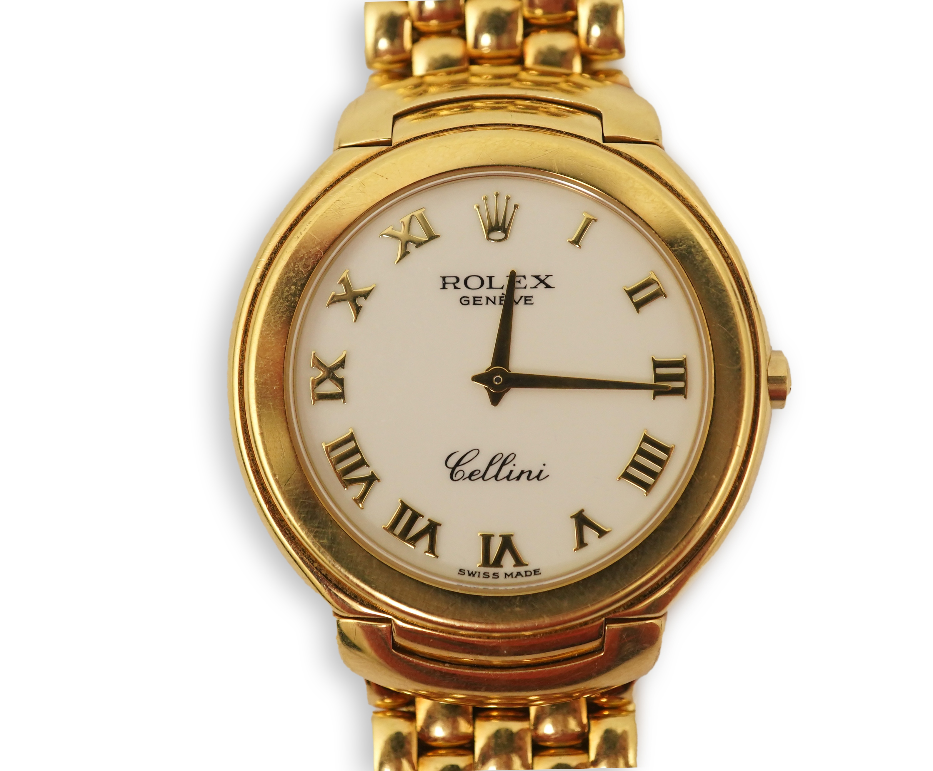 A gentleman's 1990's 18ct gold Rolex Cellini quartz dress wrist watch, on an 18ct gold Rolex brick link bracelet, with deployment clasp